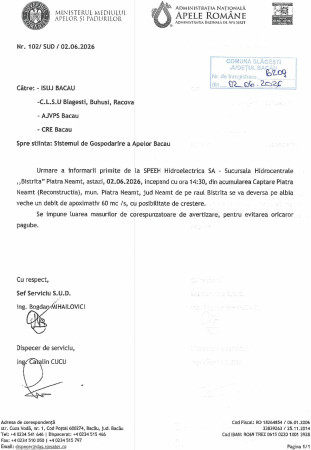 Anunț deversare din acumularea Captare Piatra Neamț pe râul Bistrița astăzi 02.06.2026